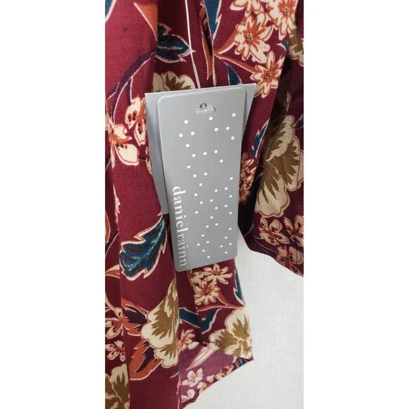 Daniel Rainn Blouse Top M Brown Multicolor‎ Floral Roll Tab Sleeves Autumn Fall - Picture 6 of 7